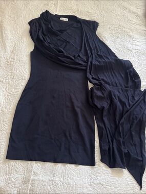 Navy Sleeveless Draped Scarf Dress